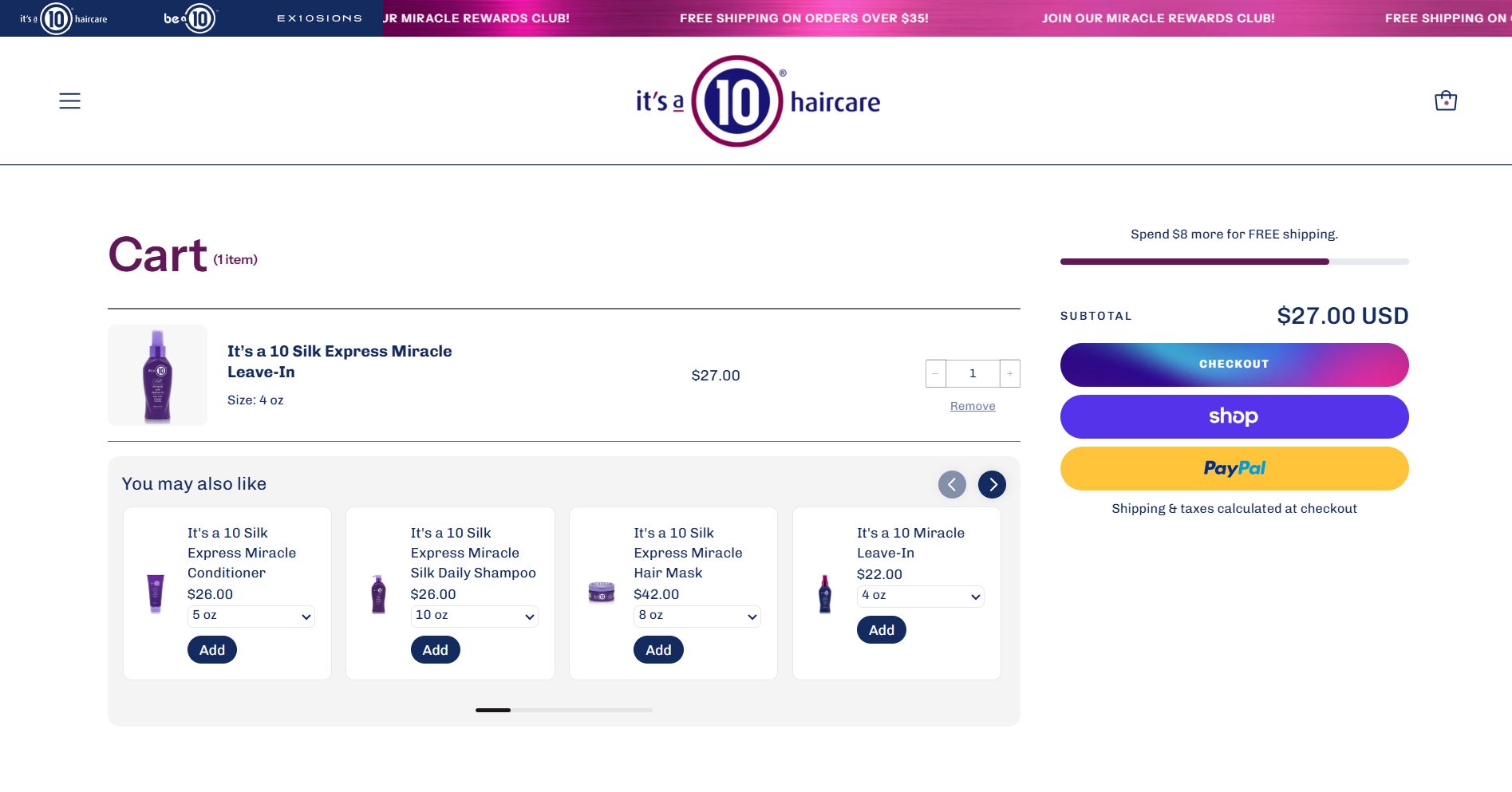 Cart showing Spend $8 more for FREE shipping progress bar