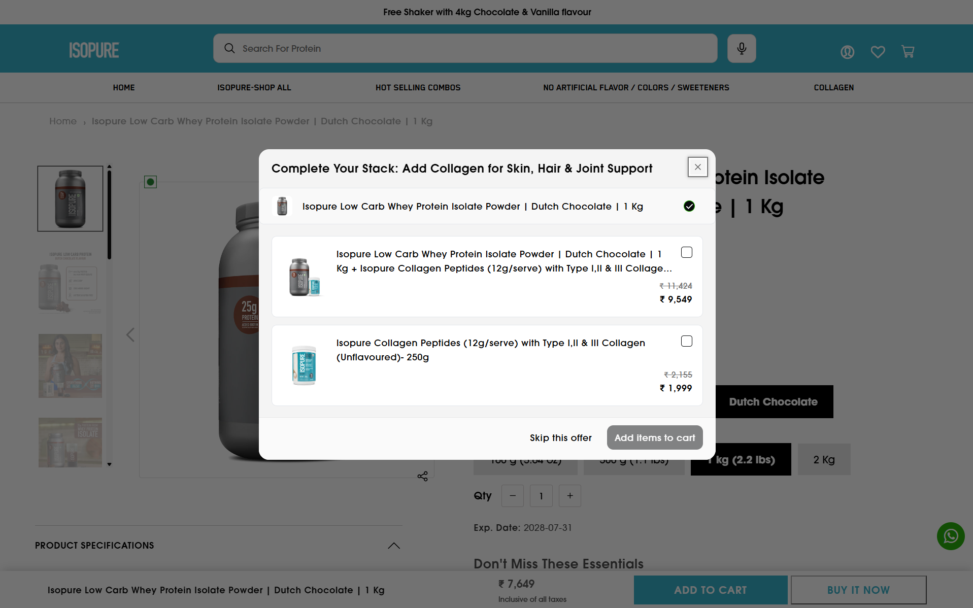 Add to cart pop-up offering a bundle or the add-on on its own