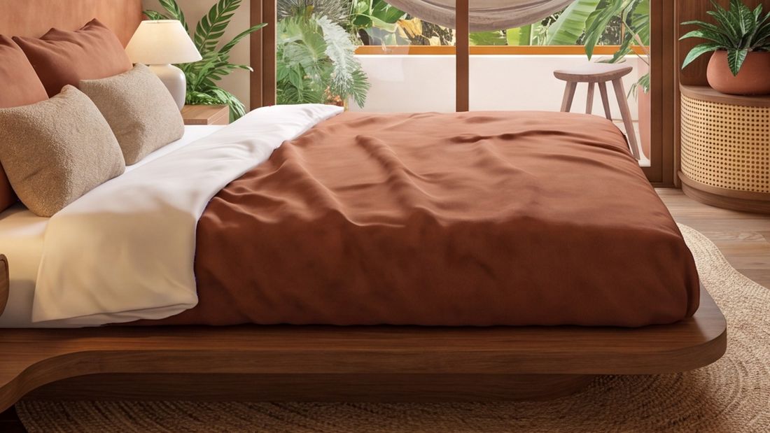 Cama renderizada com uma colcha genérica escolhida pela IA