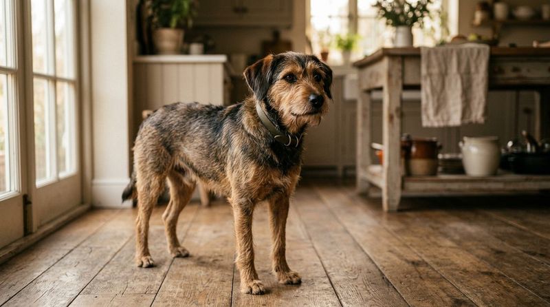 Terrier-Mischling steht aufmerksam in einer Küche mit Holzboden und schaut zur Seite