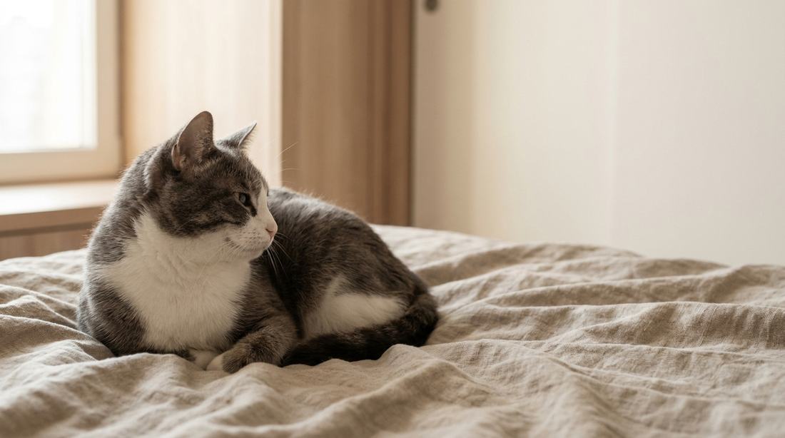 Grau-weiße Katze liegt auf einer hellen Leinendecke und schaut zur Seite