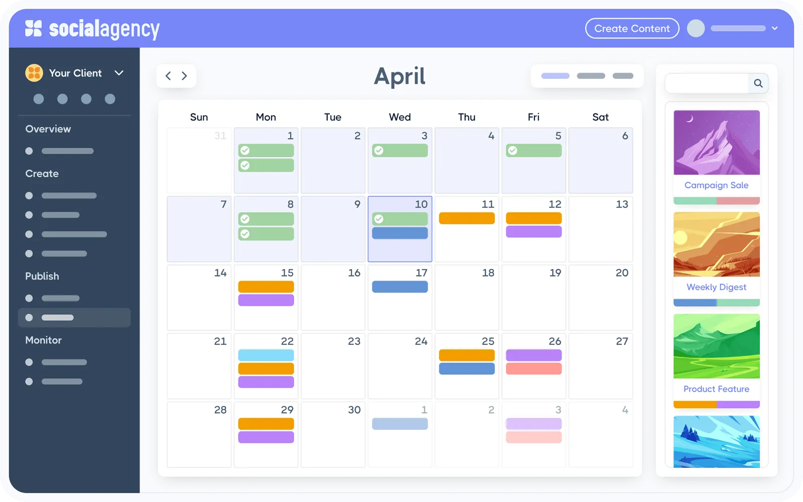 White-label social media calendar with your agency's branding, scheduled client posts, and a reusable content library