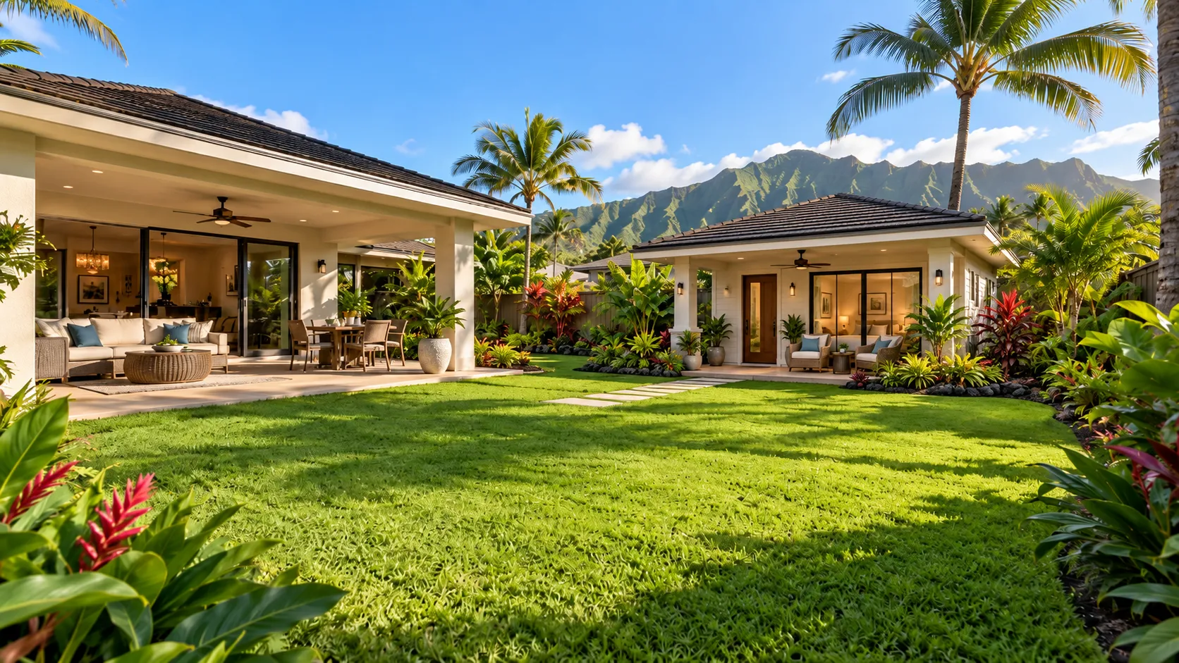 Honolulu backyard transformed with a detached ADU, tropical landscaping and patio