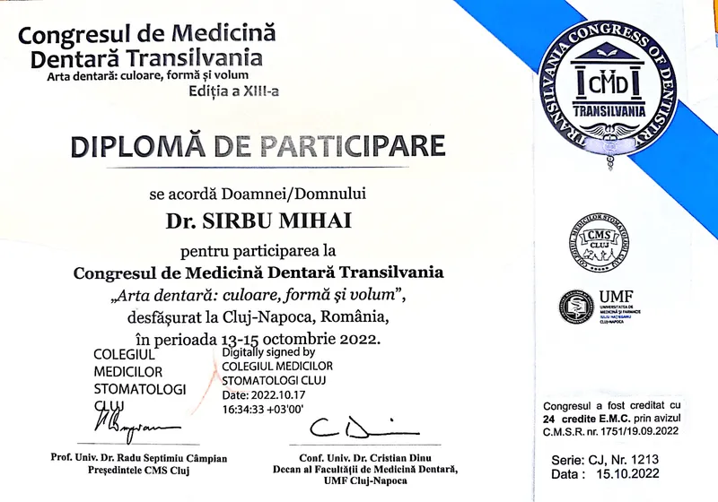 Diplomă / certificare Dr. Sîrbu Mihai