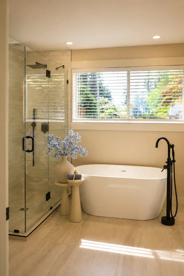 Corner glass shower in stacked cream tile beside a freestanding tub