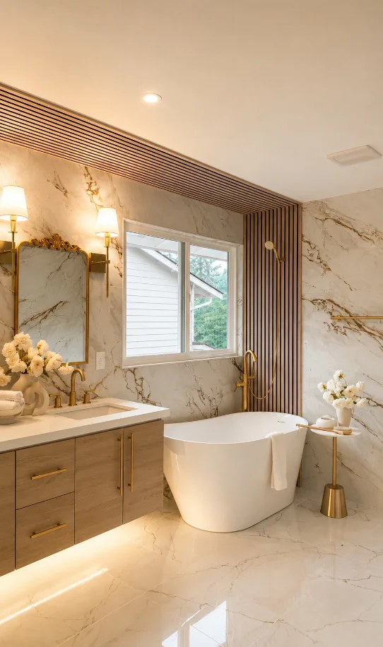 Polished marble-look porcelain bathroom floor with a floating vanity