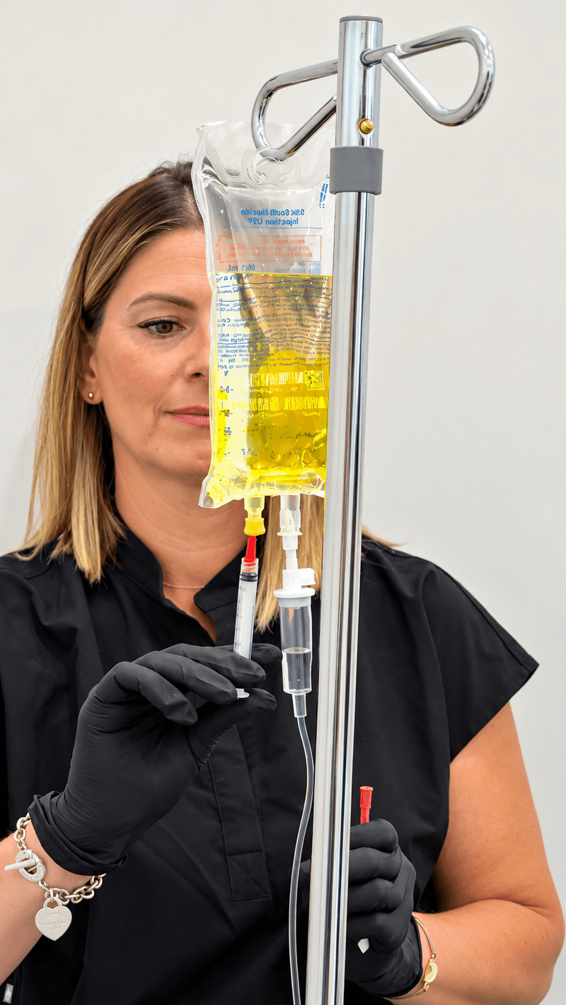 MedCAiRE nurse preparing a glutathione iV bag