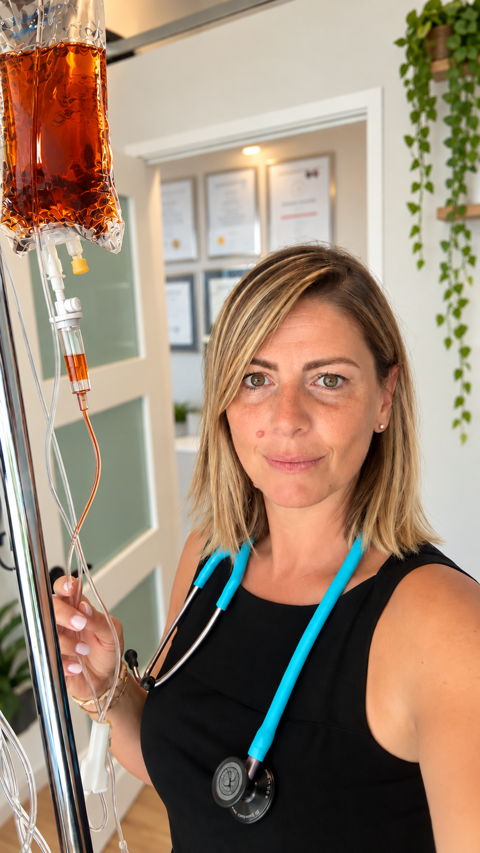 MedCAiRE nurse beside an amber NAD+ iV drip in the clinic