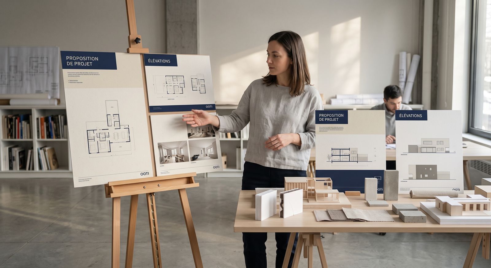 Une agence d'architecture au travail sous une verrière : maquette au premier plan, plans et écrans au fond