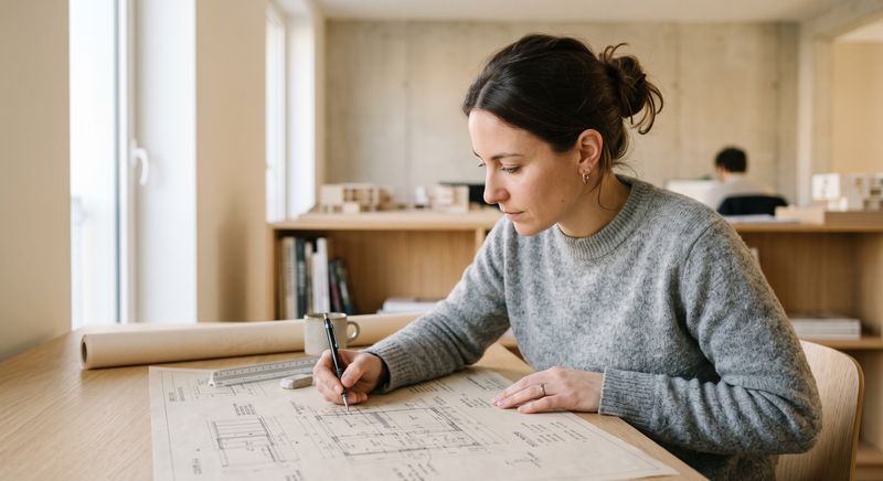 Une architecte saisit ses heures à côté d'une maquette