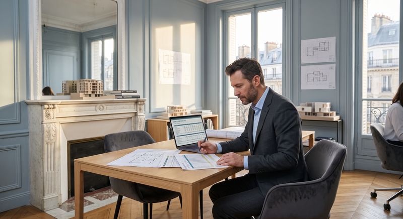 Deux architectes lisent le plan de charge sur un ordinateur, lumière d'hiver