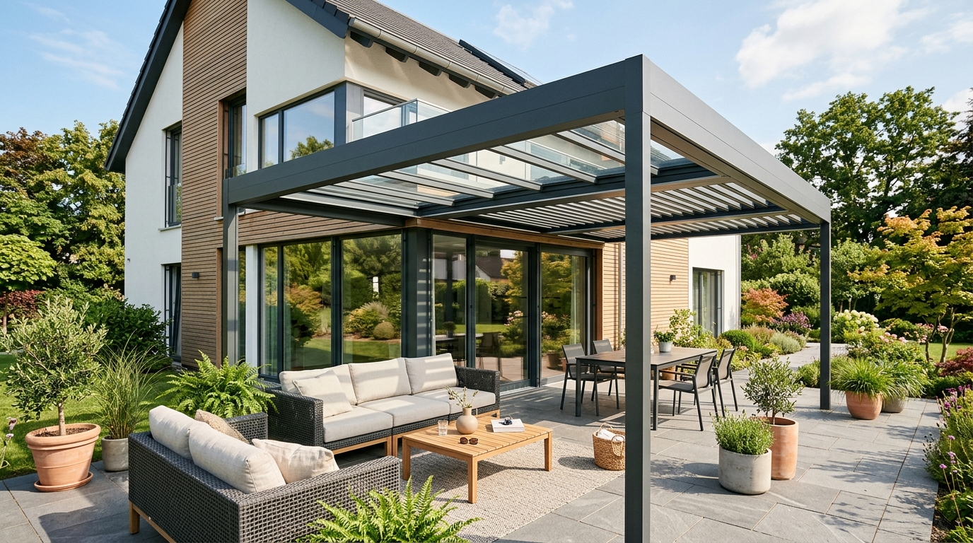 Hausbesitzer beim Ausmessen einer Terrasse für eine geplante Überdachung mit Maßband und Notizen