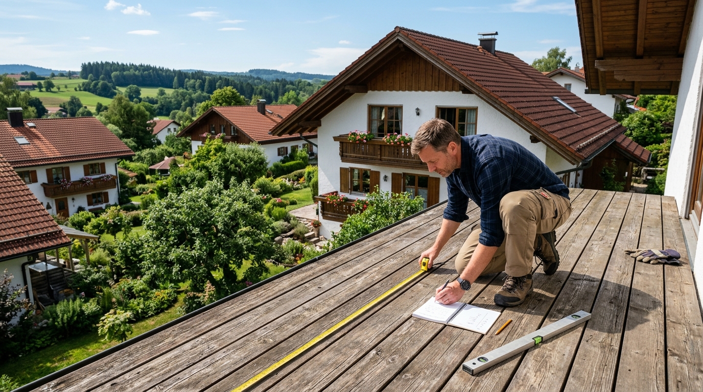Moderne Terrassenüberdachung an einem Einfamilienhaus in Bayern mit großer Glasfläche und Holzkonstruktion