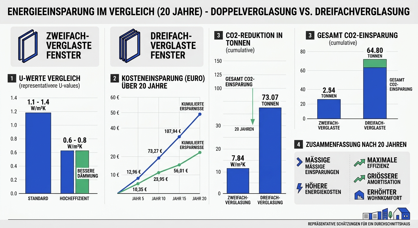 Infografik zum Vergleich der Energieeinsparung durch Zweifach- versus Dreifachverglasung über 20 Jahre