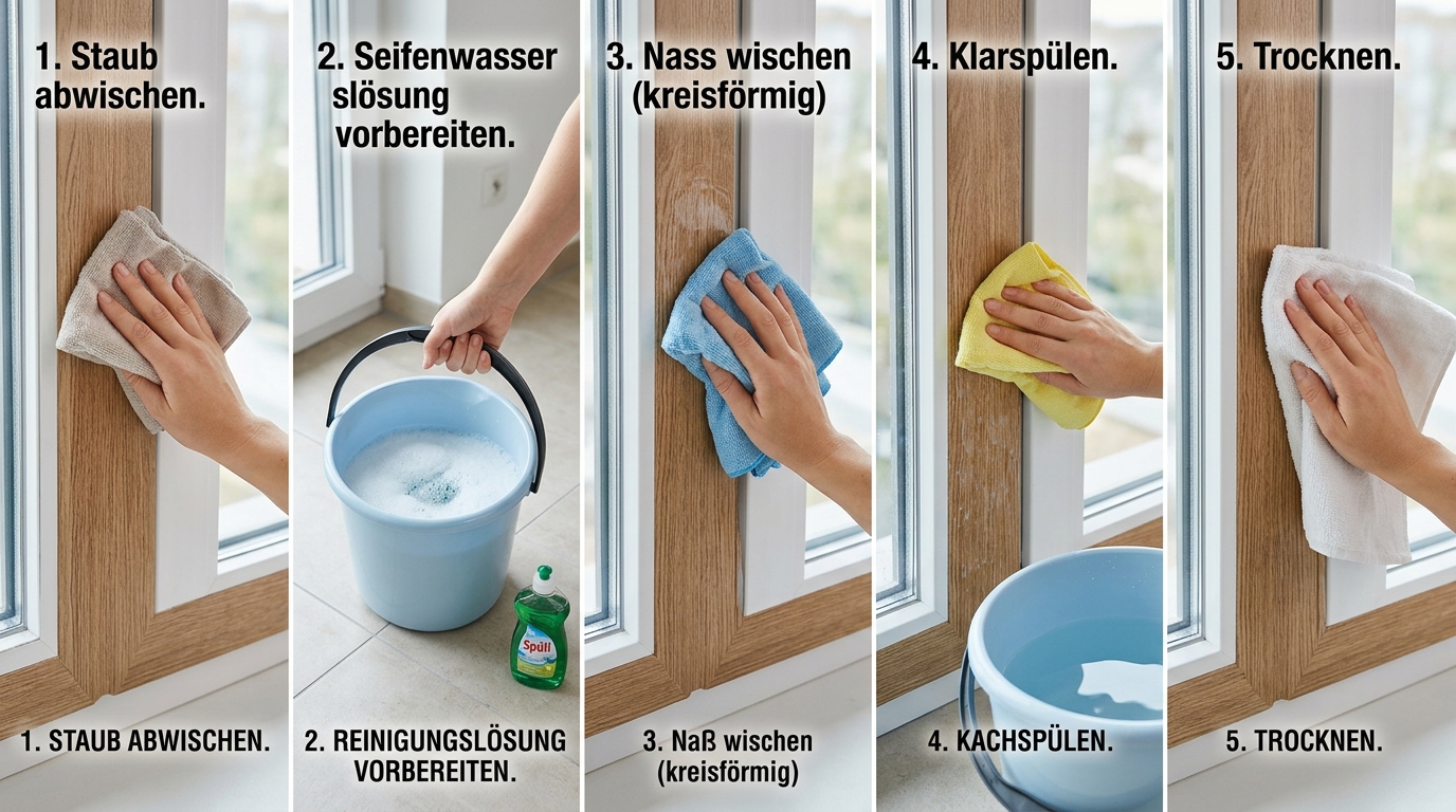 Jemand reinigt ein PVC Fenster mit Dekorfolie mit einem weichen Mikrofasertuch und Seifenwasser