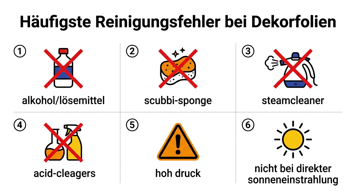 Infografik über die häufigsten Reinigungsfehler bei PVC Fenstern mit Dekorfolie