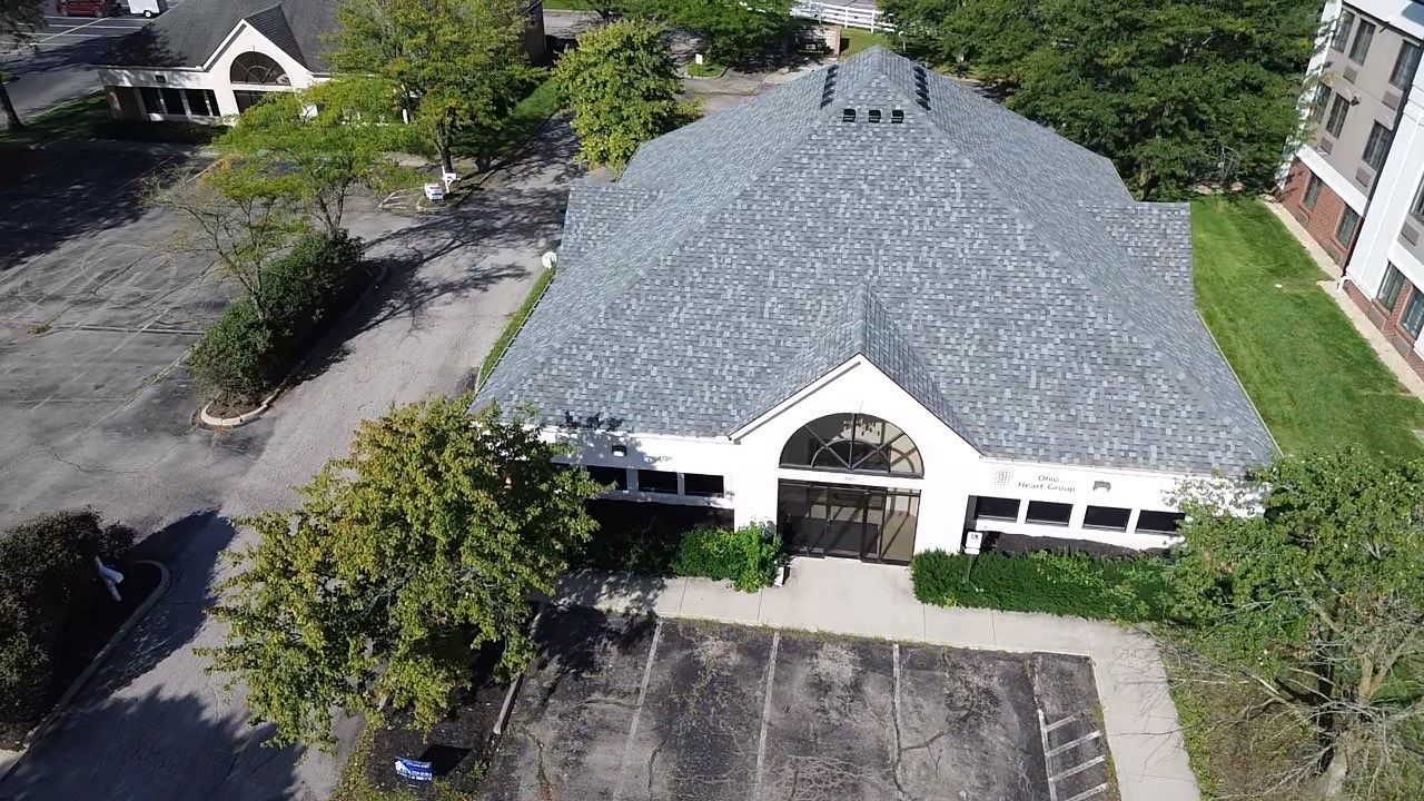 Aerial view of the completed roof replacement on the Ohio Heart Group building