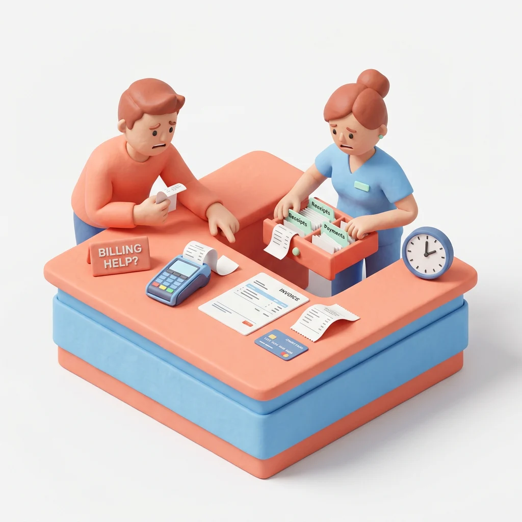 Clay reception scene showing a patient waiting while staff searches payment receipts