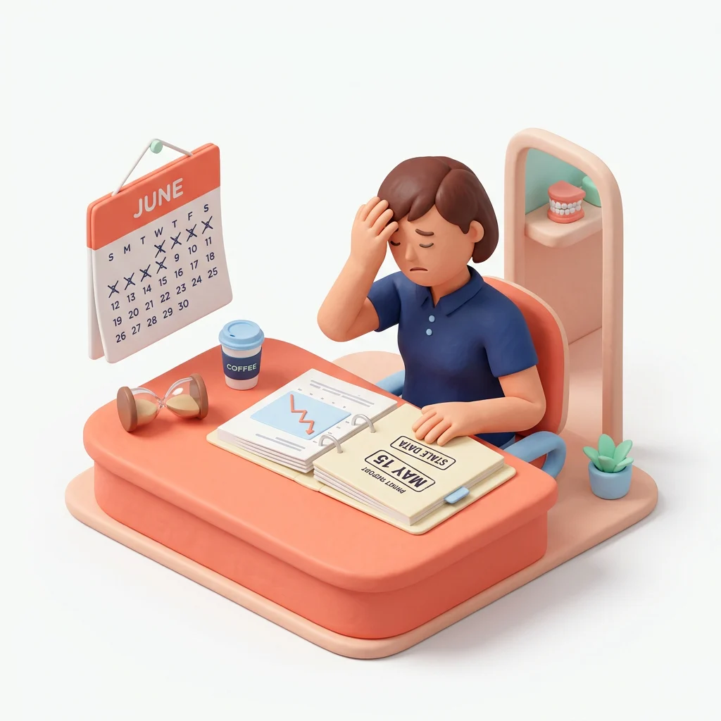 Clay clinic owner scene showing late finance reports beside a crossed calendar
