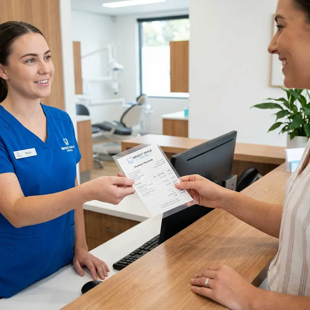 Dental clinic staff member handing a printed financial receipt to a patient at the reception desk