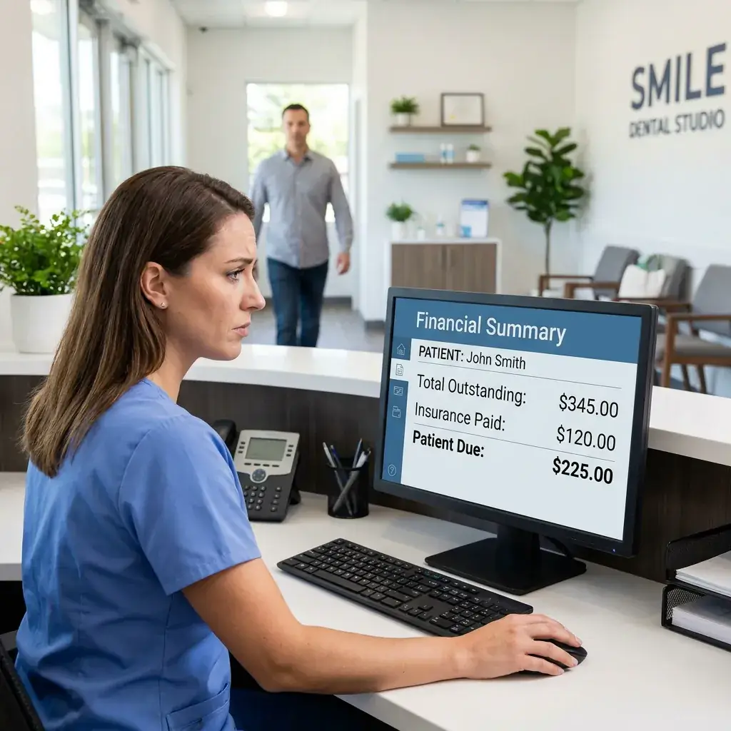 Dental receptionist reviewing a patient's outstanding balance summary on a screen