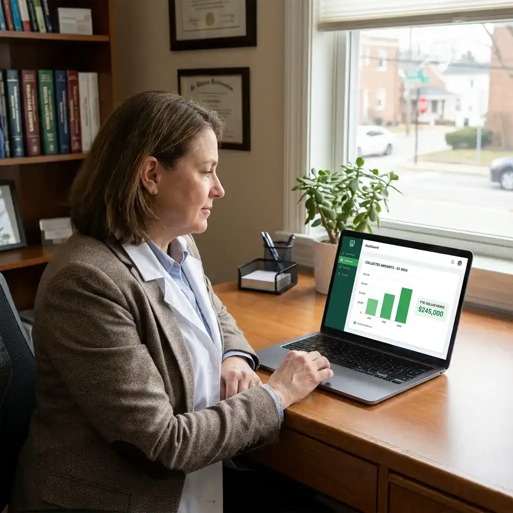Dental clinic owner reviewing collected amounts and operational finance context on a laptop dashboard