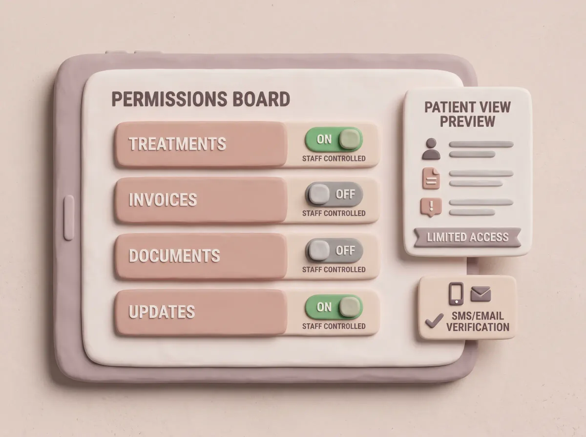 Clinic staff setting patient portal permissions for documents, invoices, and treatment visibility.