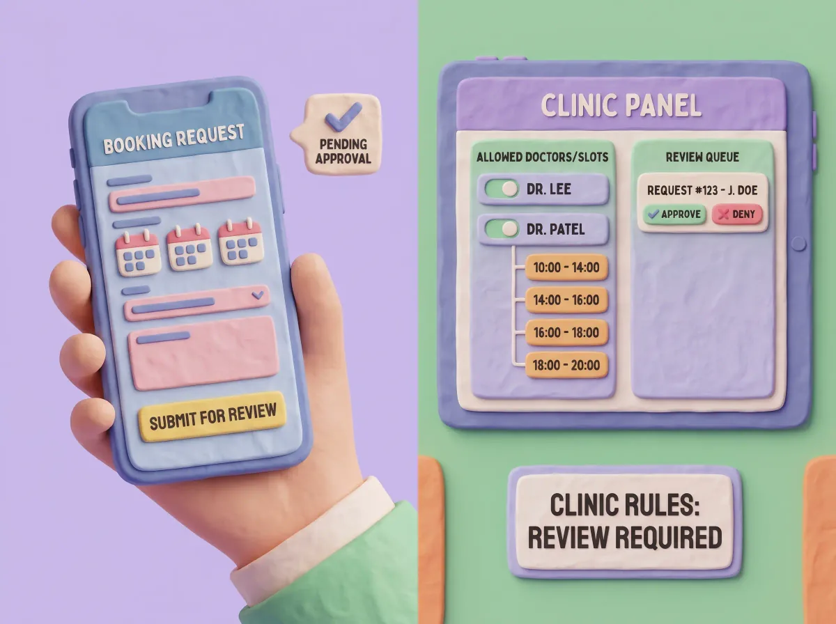 Clinic-controlled online booking options connected to a dental patient portal request.