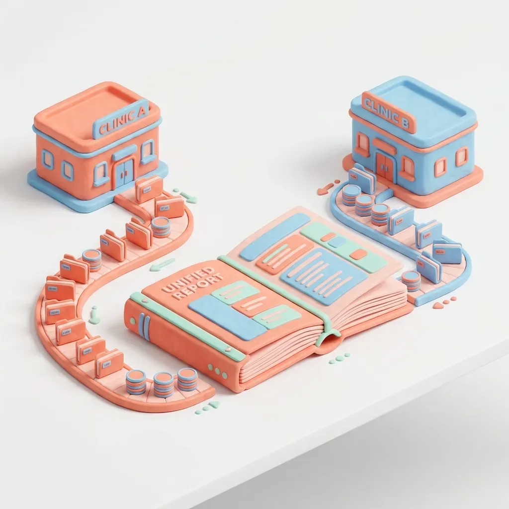 Two clinic branches feeding accurate multi-location context into a single report.