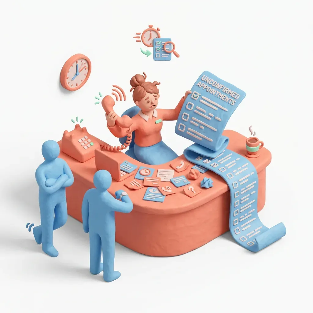 Dental practice diary with pending appointment confirmations and a reduced reminder call list.