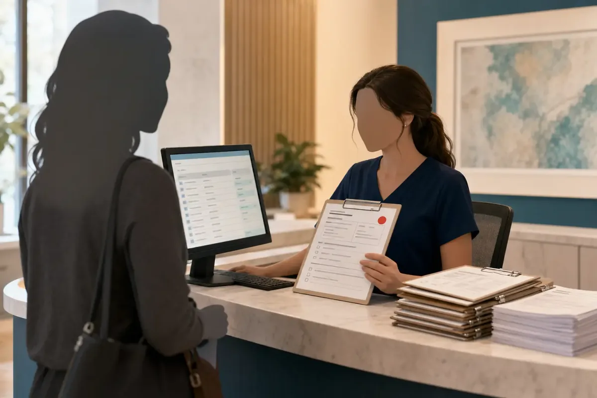 Reception desk with paper dental forms delaying patient arrival.