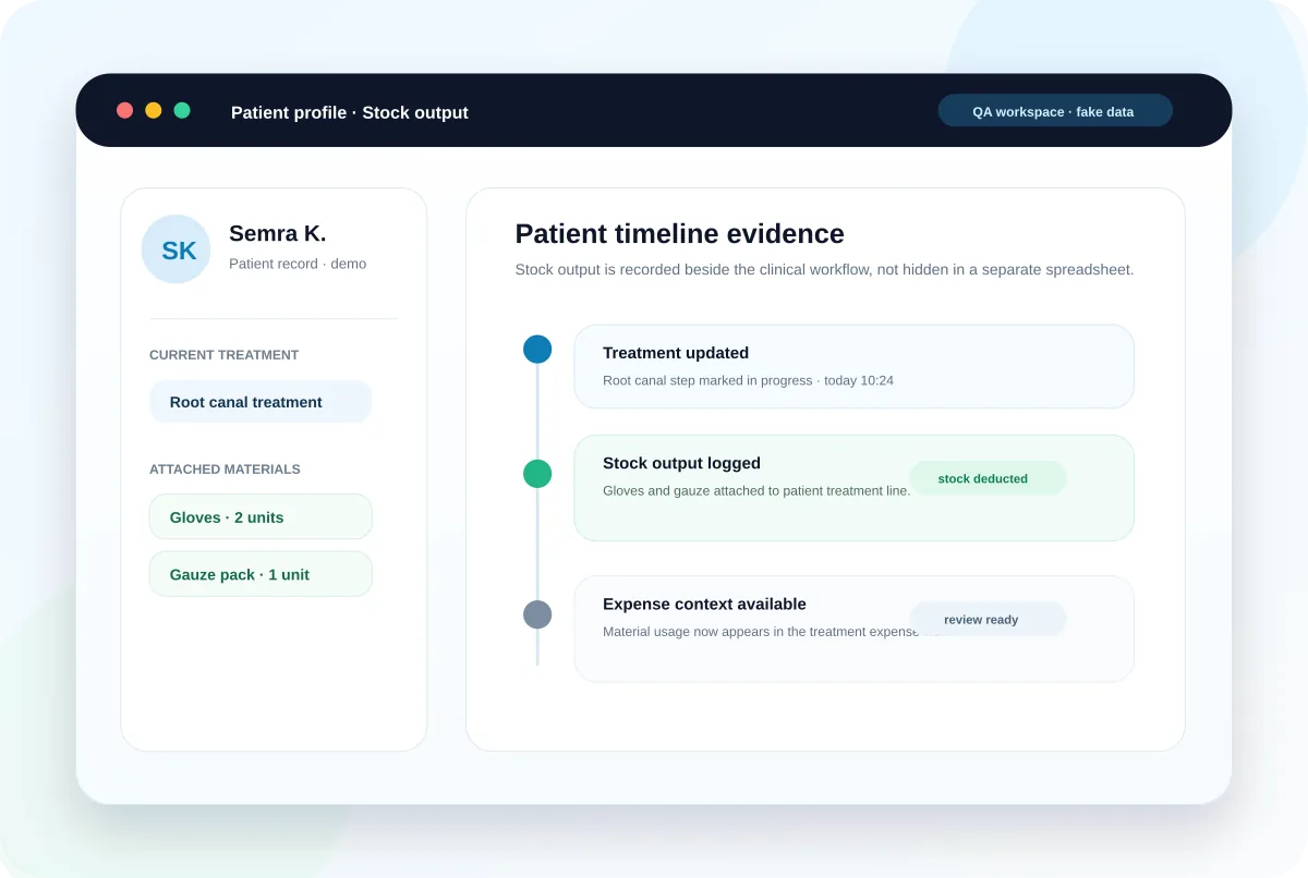 Product proof UI showing stock output logged to a patient timeline.