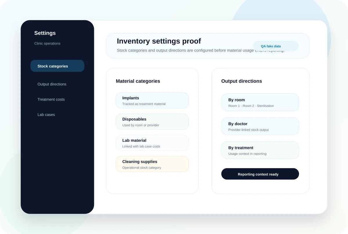 Product proof UI showing stock categories and output direction settings.