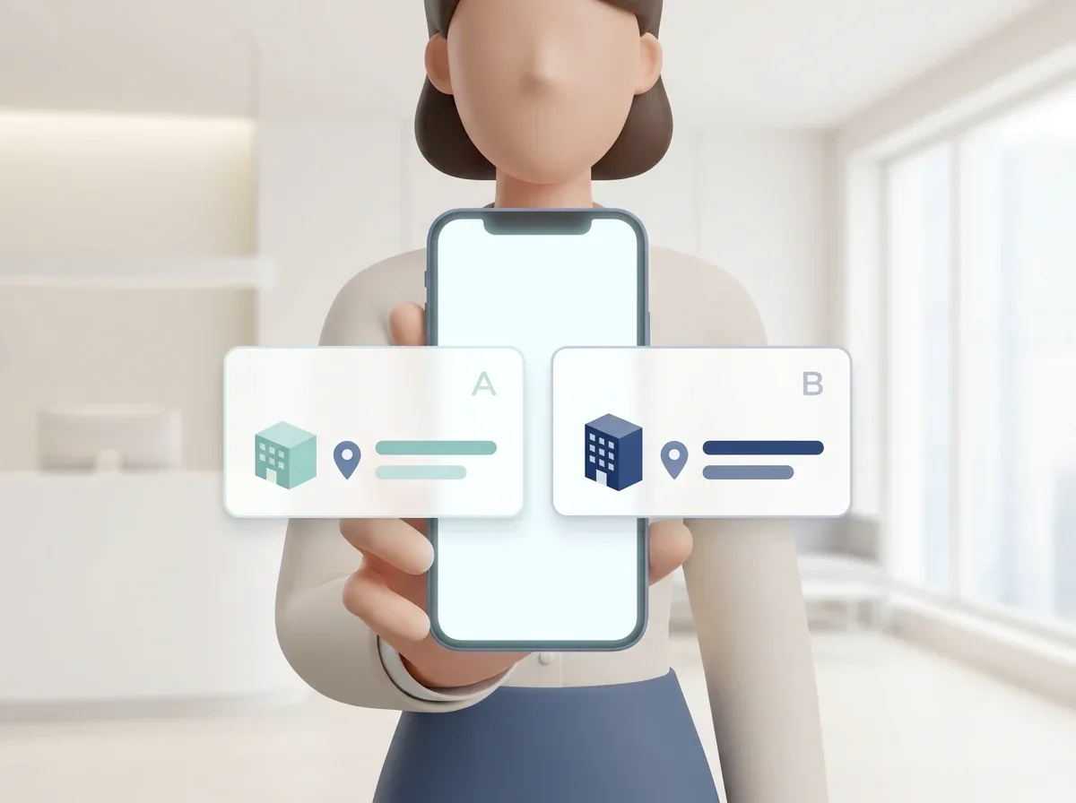 Multi-location practice manager checking branch-aware reporting on a mobile device.