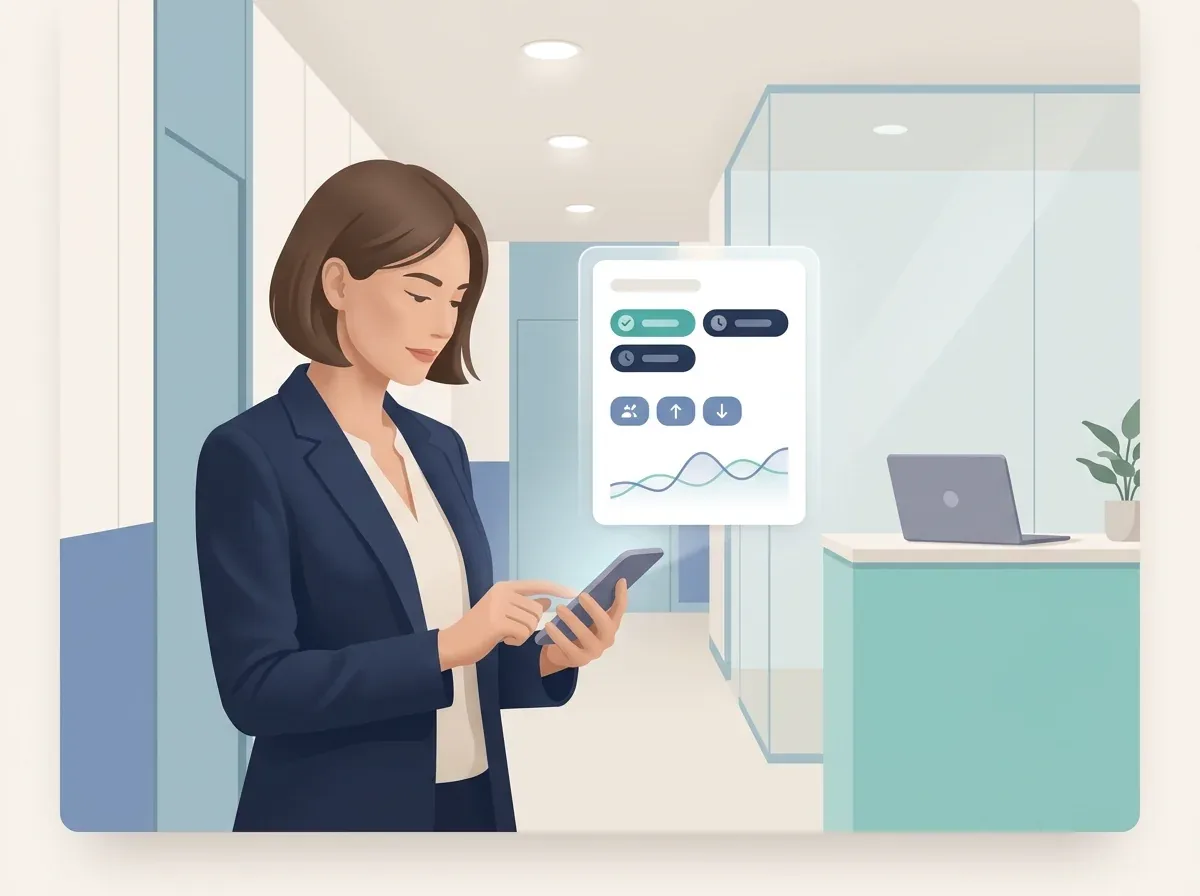 Practice manager reviewing daily clinic reporting from a mobile phone away from the front desk.
