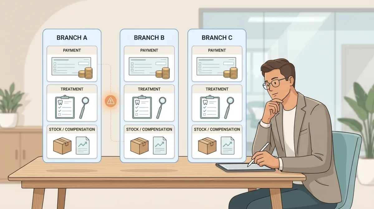 Operations manager checking branch-owned payment and treatment reporting.