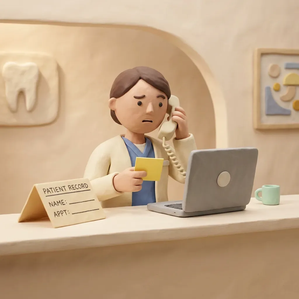 Receptionist trying to piece together patient details from notes, phone and computer.