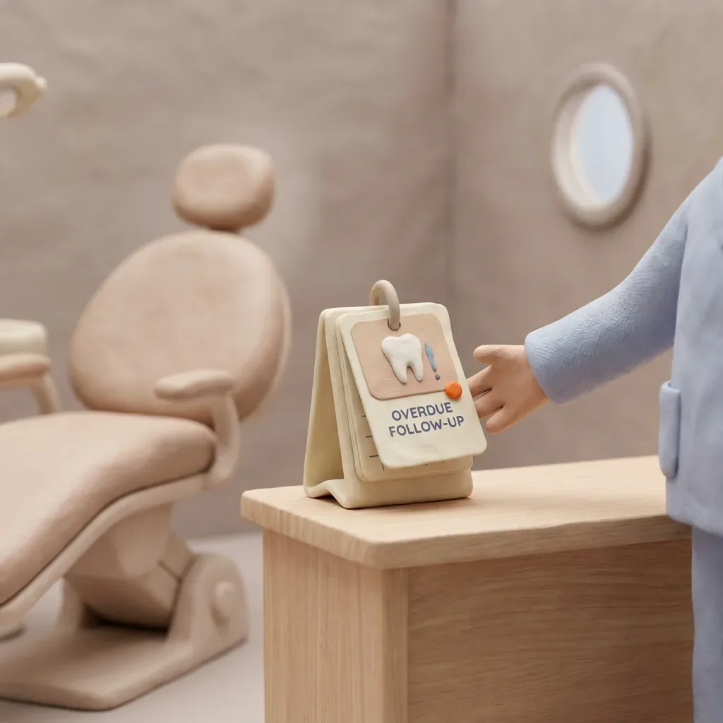 Empty dental chair beside an overdue patient follow-up card.