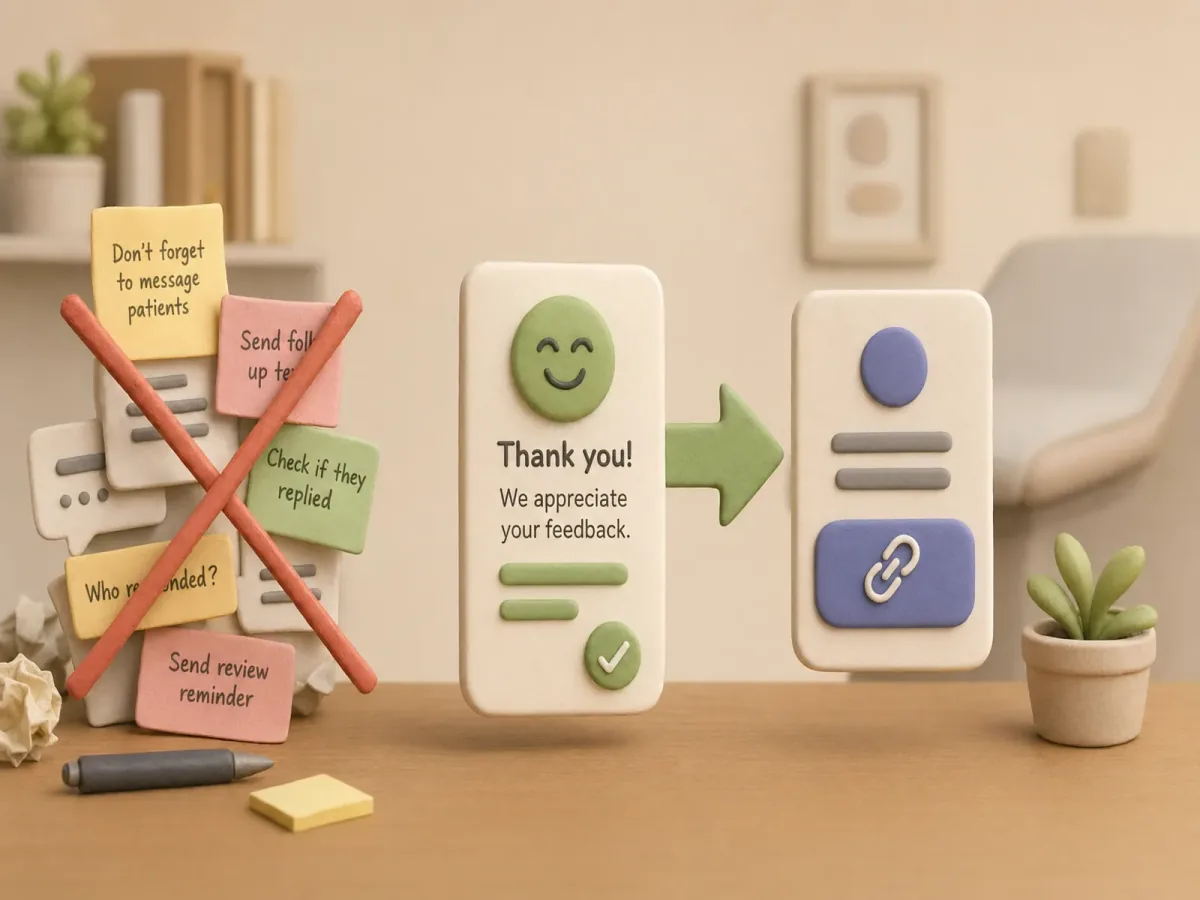 Patient satisfaction response connected to a configured review follow-up link.