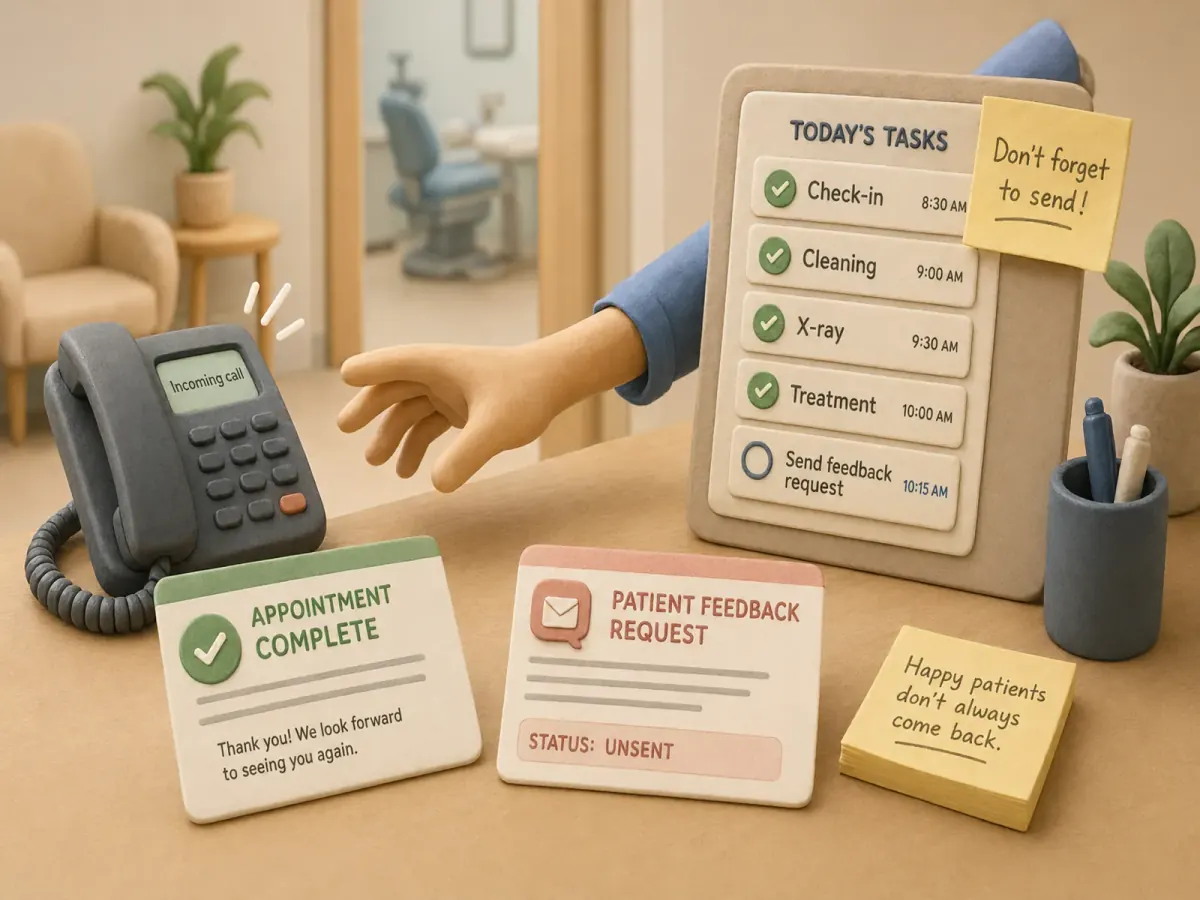 Clinic desk scene showing a missed patient feedback request after a completed appointment.
