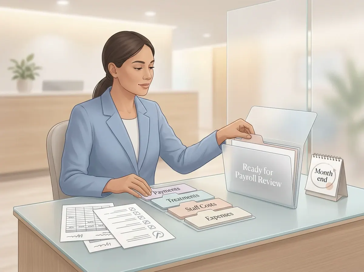 Practice manager organising payroll preparation records from payments, treatments, staff costs and expenses.