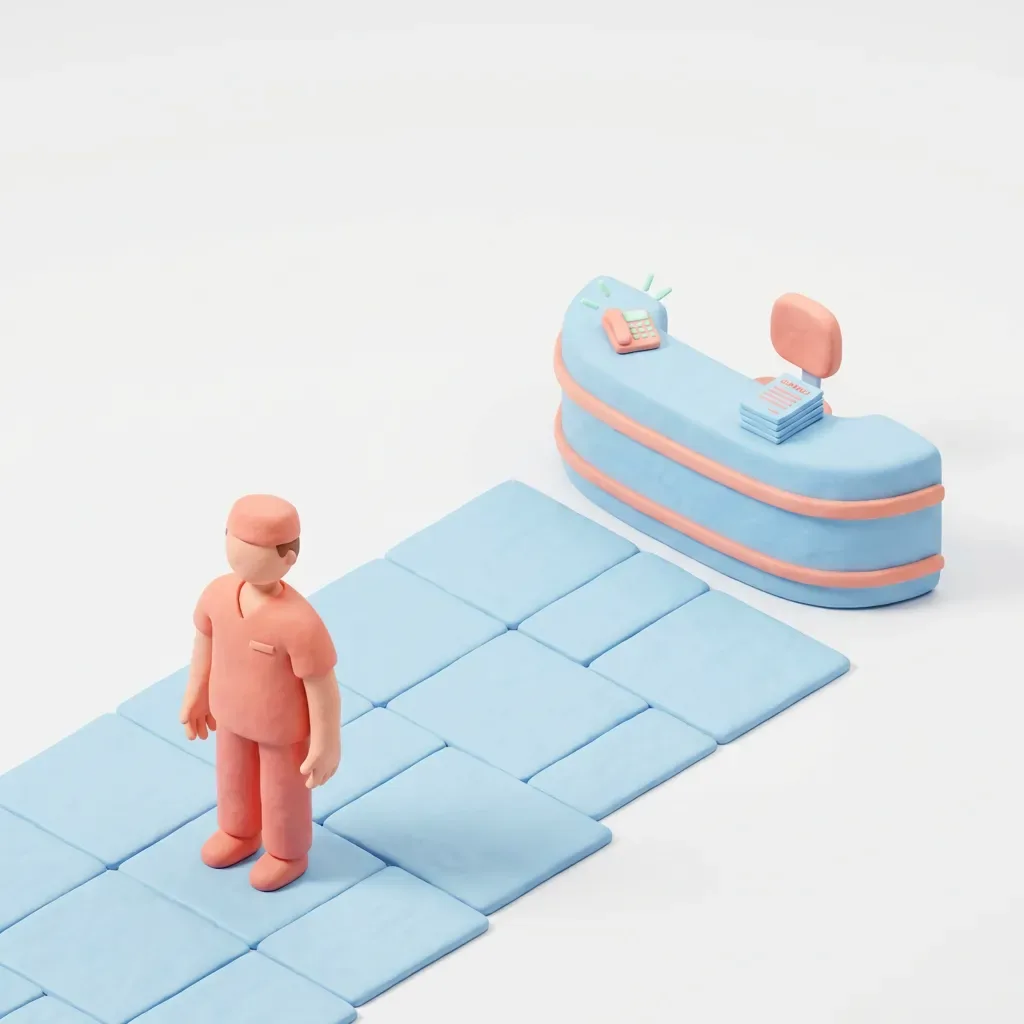 3D claymation of dentist in hallway disconnected from busy reception desk.
