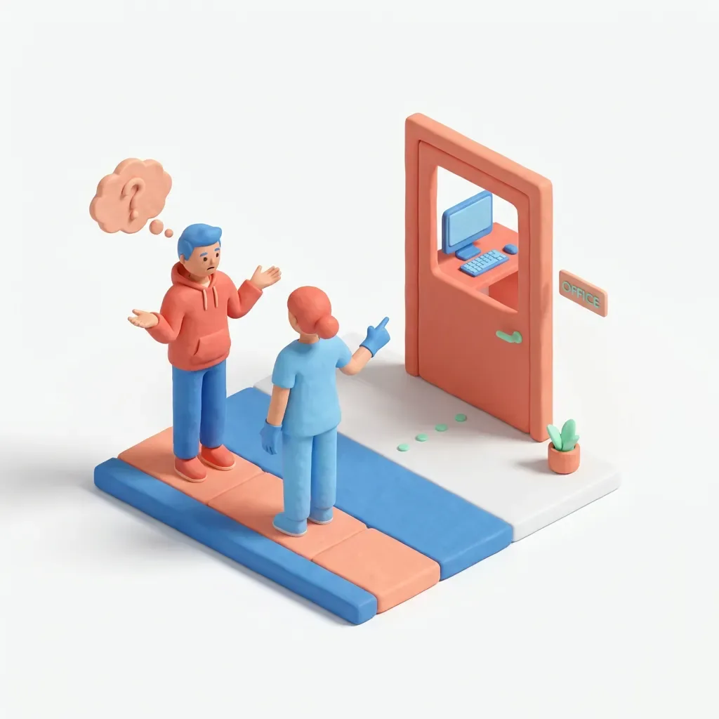 3D claymation of staff unable to answer patient question away from desktop.