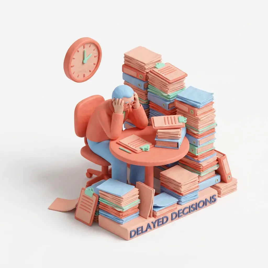 3D claymation of tired clinic owner surrounded by backlog of documents late at night.