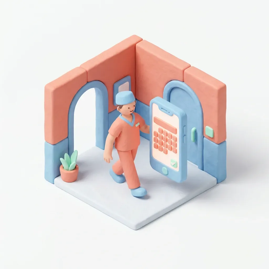 3D claymation of dentist walking and checking schedule on smartphone.