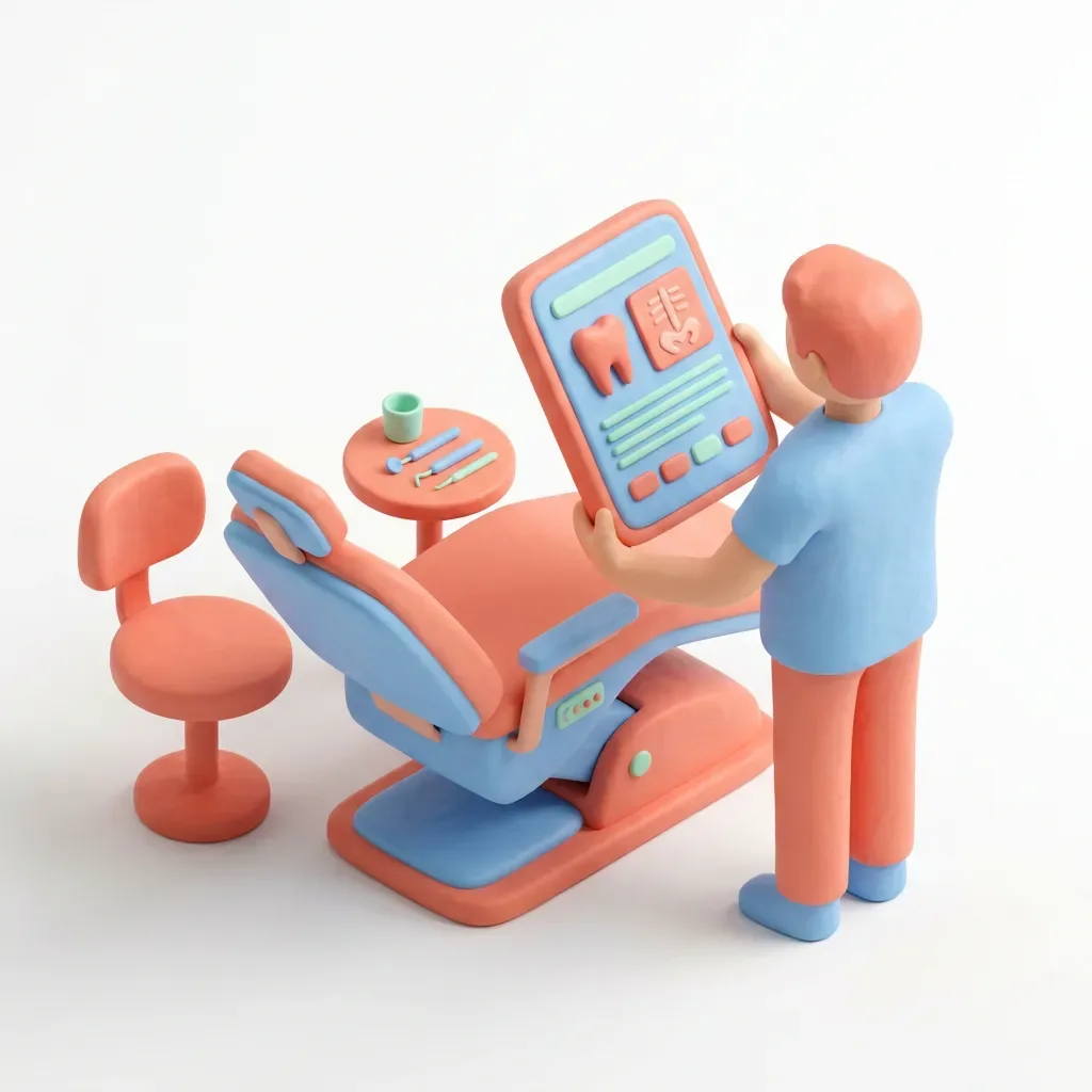 3D claymation of staff checking patient chart on tablet next to dental chair.