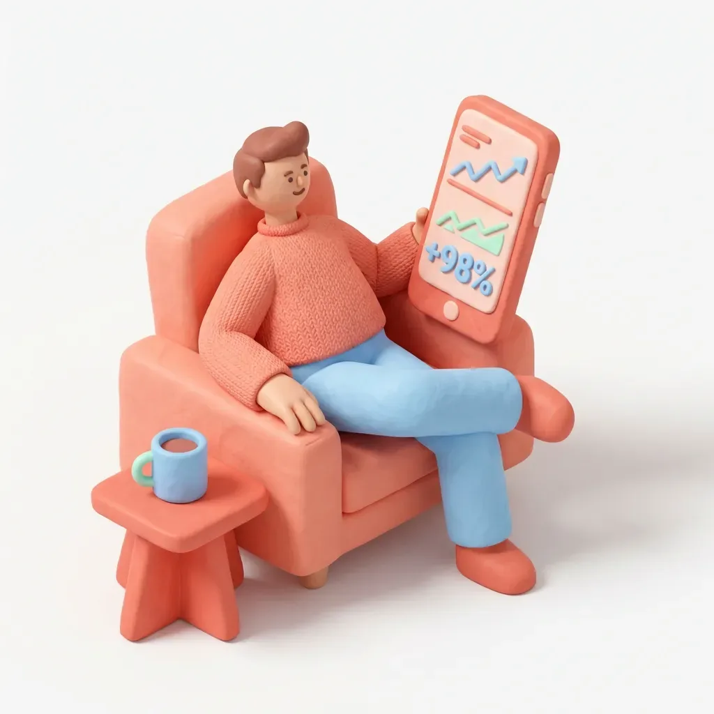 3D claymation of clinic owner checking performance metrics on smartphone while relaxing.