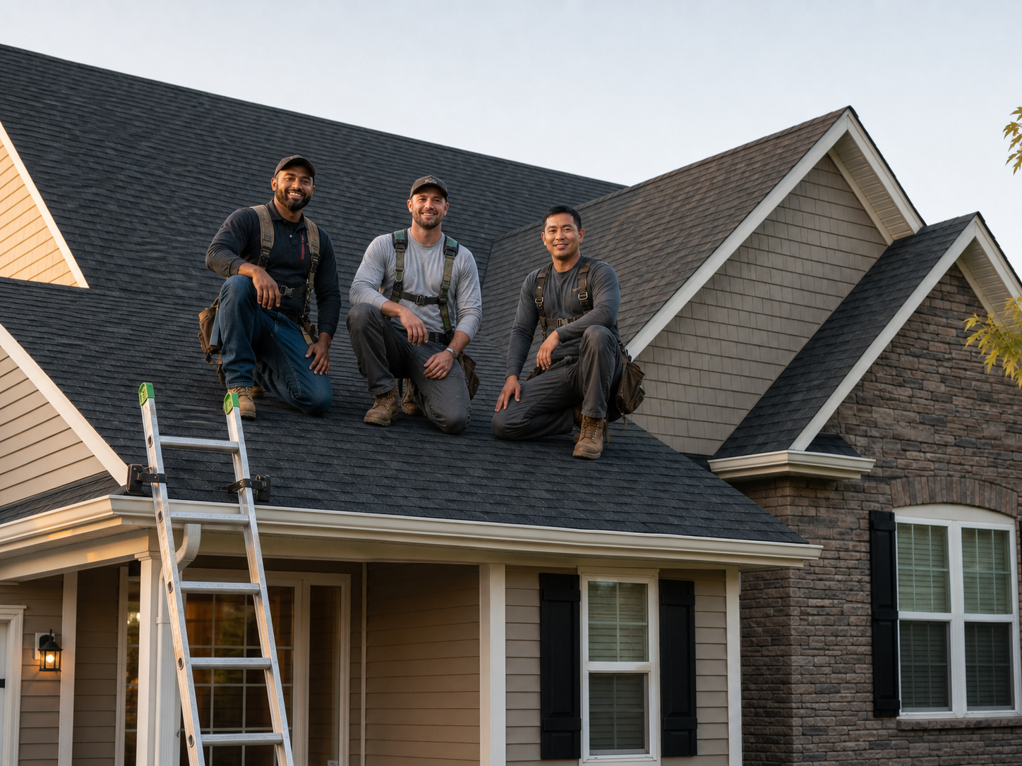 Three-person roofing crew on a newly completed roof beside a secured ladder.