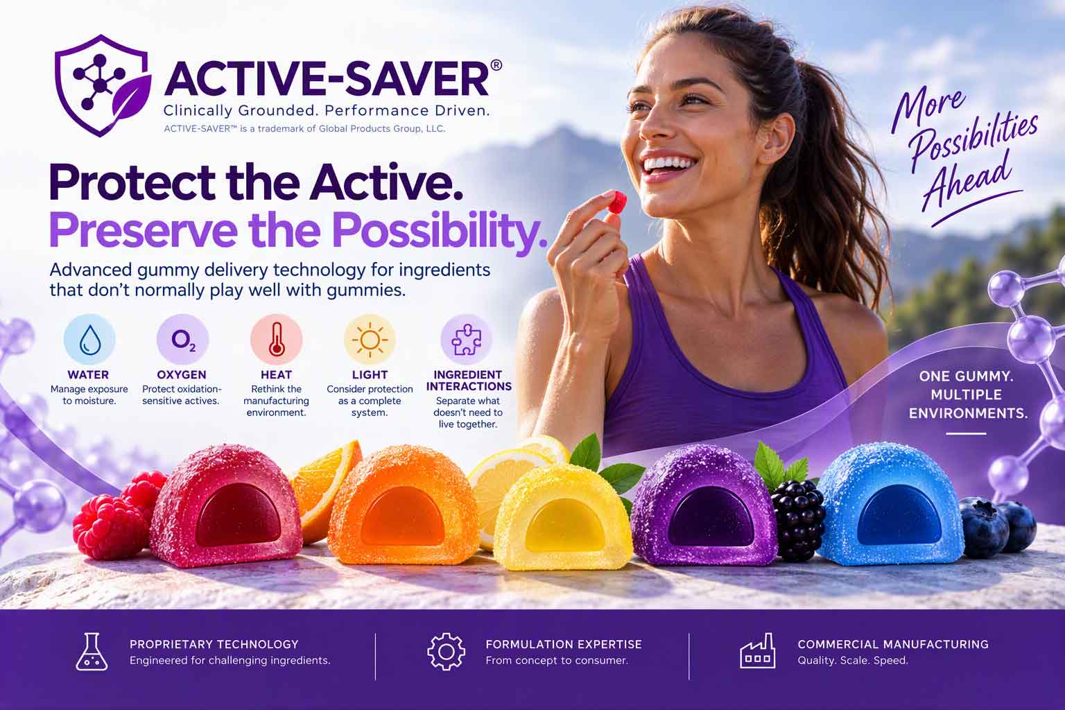 Active-Saver® gummy delivery technology, showing colorful shell-and-core gummies beside an active lifestyle scene.