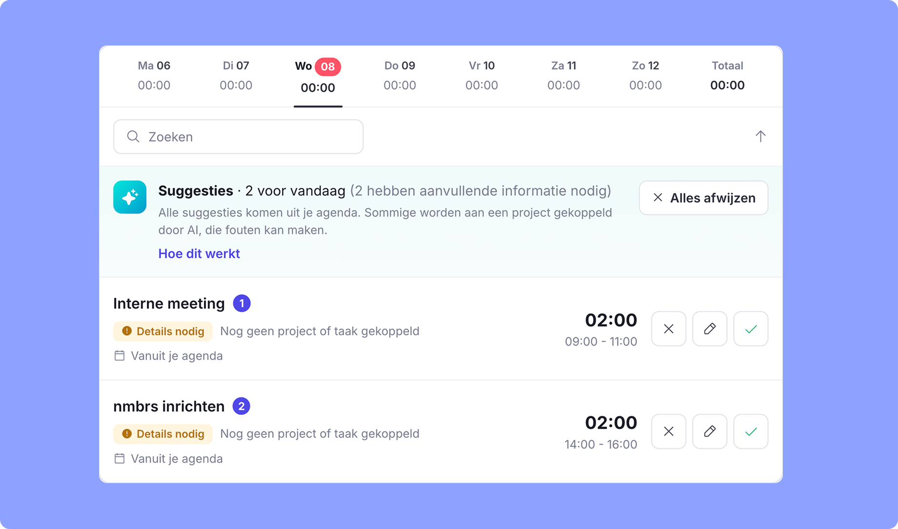 TimeChimp AI-suggesties: automatisch tijdregistraties voorstellen
